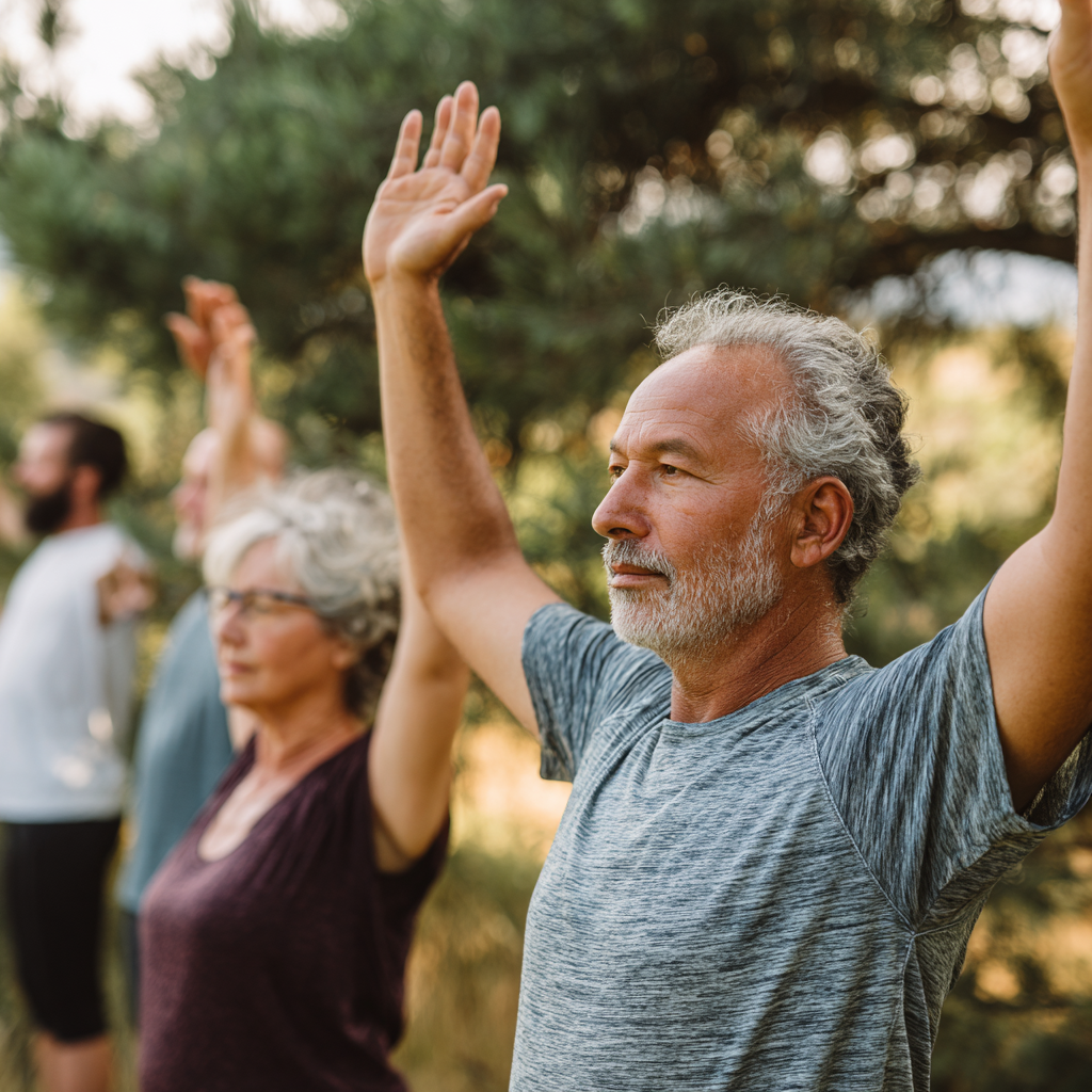 Middle-aged adults practicing gentle movement exercises in natural outdoor setting